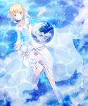  1girl :o aldnoah.zero asseylum_vers_allusia barefoot blonde_hair blue_eyes blush breasts dress earth edamame_888 flower frills high_heels highres jewelry long_hair lying necklace on_back partially_submerged shoes_removed solo star water 