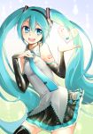  1girl agonasubi aqua_eyes aqua_hair bridal_gauntlets crotchet hand_on_own_chest hatsune_miku heart highres long_hair musical_note necktie open_mouth skirt solo thigh-highs twintails very_long_hair vocaloid 