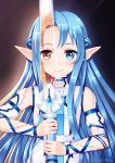  1girl artist_name asuna_(sao) asuna_(sao-alo) bare_shoulders blue_eyes blue_hair blush brown_eyes brown_hair detached_sleeves dual_persona elf long_hair pointy_ears rapier reflection smile solo sword sword_art_online weapon yuuki_asuna 