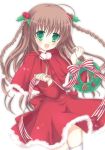  1girl :d braid brown_hair christmas christmas_ornaments green_eyes hair_ornament holding kanbe_kotori key_(company) long_hair looking_at_viewer mana_(10221125) open_mouth rewrite smile solo tagme thigh-highs twin_braids white_legwear zettai_ryouiki 