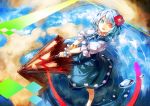  1girl :d blue_hair flower flower_on_head from_above hair_ornament heterochromia holding karakasa_obake kozou_(soumuden) looking_at_viewer looking_up open_mouth smile solo tagme tatara_kogasa tongue tongue_out touhou umbrella water_drop wrist_cuffs 