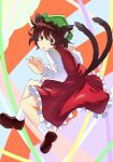  1girl abstract_background animal_ears brown_eyes brown_hair cat_ears cat_tail chen earrings hamakenn hat highres jewelry long_sleeves looking_at_viewer looking_back multiple_tails short_hair smile socks solo tail touhou 