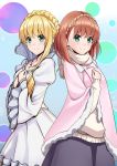  2girls aldnoah.zero asseylum_vers_allusia blonde_hair blush breasts brown_hair dress dual_persona frills fur_trim green_eyes hairband hand_on_own_chest hands_on_own_chest huyumitsu jewelry long_hair multiple_girls necklace poncho puffy_sleeves scarf shiny shiny_hair short_hair skirt smile wide_sleeves 