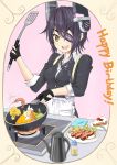  1girl :d absurdres apron black_gloves broccoli brown_eyes cake cardigan cooking dawn_(pixiv664387320) egg eyepatch fingerless_gloves food frying_pan gloves happy_birthday headgear highres kantai_collection kettle necktie open_mouth purple_hair short_hair shrimp signature sleeves_rolled_up smile solo spatula stove tenryuu_(kantai_collection) vegetable 
