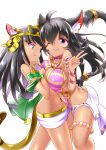  2girls ahoge animal_ears asymmetrical_docking bastet_(monster_strike) bastet_(p&amp;d) black_hair bra-cky breast_press cat_ears cat_tail dark_skin egyptian green_eyes headdress jewelry long_hair monster_strike multiple_girls navel puzzle_&amp;_dragons tail violet_eyes 