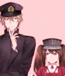  1boy 1girl admiral_(kantai_collection) armband blue_eyes brown_eyes brown_hair finger_to_chin hair_between_eyes hat heart kantai_collection long_hair looking_at_another magatama military military_uniform nagomi_(mokatitk) nail_polish peaked_cap ryuujou_(kantai_collection) short_hair simple_background smile twintails uniform visor_cap 