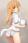  1girl 2014_fifa_world_cup ass ball blue_eyes charlotte_e_yeager glastonbury1966 looking_at_viewer no_pants orange_hair panties smile soccer_ball soccer_uniform solo sportswear strike_witches sweat tail underwear white_panties world_cup 