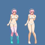  1girl aoi_ship bikini blush boots breasts cleavage headphones large_breasts long_hair looking_at_viewer lowres navel nitroplus pink_hair pixel_art red_eyes smile solo super_sonico swimsuit thigh-highs 