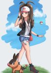 artist_request brown_hair hat highres hilda_(pokemon) pixiv poke_ball pokemon pokemon_(creature) pokemon_(game) ponytail shorts tepig 