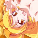  1girl argyle argyle_background blonde_hair breasts brown_eyes cure_honey earrings happinesscharge_precure! jewelry kikuchi_tsutomu large_breasts long_hair lowres magical_girl oomori_yuuko orange_background precure smile solo topless upside-down 