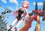  1girl blue_sky bodysuit breasts cleavage cleavage_cutout clouds dso female fence gloves hand_on_hip highres long_hair original pilot_suit pink_eyes pink_hair robot skin_tight sky smile solo standing 