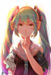  1girl artist_name finger_to_mouth green_eyes green_hair hatsune_miku headset long_hair looking_at_viewer mconch necktie shushing solo twintails vocaloid white_background 