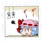  1girl :3 bat_wings blue_hair bow chibi commentary hat hat_bow mob_cap noai_nioshi patch rain remilia_scarlet short_hair solid_oval_eyes solo tagme teruterubouzu touhou translated two-tone_background window wings |_| 