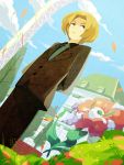  1boy arms_behind_back blonde_hair blue_eyes clouds dated dutch_angle florges formal from_below male monoka necktie pokemon pokemon_(game) pokemon_xy rich_boy_(pokemon) short_hair signature sky standing suit tree 