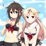  2girls adapted_costume ahoge alternate_costume bikini black_hair blonde_hair blue_eyes bow braid breasts cleavage fang hair_bow hair_ornament hair_ribbon hairclip highres kantai_collection leaning_forward light_particles long_hair looking_at_viewer multiple_girls navel parted_lips red_eyes ribbon shigure_(kantai_collection) single_braid smile swimsuit tagme yukichi_(eikichi) yuudachi_(kantai_collection) 