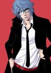  1boy aviator_glasses belt blue_hair hand_in_pocket kill_la_kill long_coat ma2 male mikisugi_aikurou necktie red_background solo sunglasses 