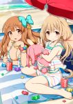  &gt;:) 2girls :3 barefoot beach bikini blush bow brand_name_imitation breasts brown_eyes brown_hair candy chin_rest cleavage coca-cola futaba_anzu hair_bow hair_ornament idolmaster idolmaster_cinderella_girls large_breasts long_hair low_twintails moroboshi_kirari multicolored_stripes multiple_girls omega.ep open_mouth orange_eyes rabbit red_eyes smile soda_can striped striped_bikini striped_swimsuit stuffed_animal stuffed_bunny stuffed_toy swimsuit towel twintails umbrella v 