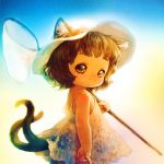  1girl :3 alternate_costume animal_ears backlighting bare_shoulders brown_hair bug_net cat_ears cat_tail chen child dress hat looking_at_viewer looking_back multiple_tails short_hair smile souri sun_hat sundress tail touhou yellow_eyes younger 