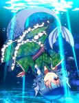 1girl blue_eyes blue_hair bubble fish_tail head_fins japanese_clothes looking_at_viewer mermaid monster_girl one_eye_closed shirokuro_gin short_hair solo touhou underwater upside-down wakasagihime wavy_hair 