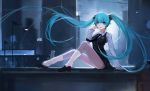  1girl aqua_eyes aqua_hair arm_support hatsune_miku highres long_hair looking_at_viewer necktie night sitting skirt socks solo sweater_vest twintails very_long_hair vocaloid 