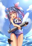  1girl blue_hair blush clouds covered_navel fang gradient_hair hair_ribbon i-19_(kantai_collection) kantai_collection looking_at_viewer multicolored_hair open_mouth purple_hair ribbon school_swimsuit sky solo star star-shaped_pupils swimsuit symbol-shaped_pupils thigh_gap torpedo unomi water 