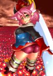  1girl 7th_dragon animal_ears ass boots cat_ears d01 field fighter_(7th_dragon) flower flower_field gauntlets gloves green_eyes hair_bobbles hair_ornament huge_weapon knee_boots looking_at_viewer looking_back over_shoulder pink_hair short_hair smile solo striped striped_legwear sword sword_over_shoulder thigh-highs weapon weapon_over_shoulder 