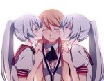  3girls akuma_no_riddle backlighting banba_mahiru banba_shin&#039;ya blush brown_hair checkered_dress cheek_kiss closed_eyes double_cheek_kiss dress dual_persona girl_sandwich grey_hair hair_ornament hairclip hairpin hanabusa_sumireko holding_hands kiss long_hair multiple_girls mylovelydevil necktie orange_hair ponytail sandwiched scar school_uniform serafuku smile stitches tears vest white_background yuri 