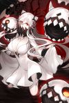  1girl breasts covered_mouth dress horns kantai_collection kneeling large_breasts long_hair long_sleeves midway_hime pale_skin red_eyes shinkaisei-kan shirogane_usagi solo turret veins white_dress white_hair 
