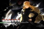  1girl bangs black_coat blonde_hair breasts coat cynthia_(pokemon) fukuda935 fur_collar fur_trim garchomp grey_eyes hair_ornament hair_over_one_eye large_breasts long_hair long_sleeves looking_at_viewer pokemon pokemon_(game) pokemon_dppt smile very_long_hair 