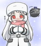  1girl alternate_costume breath coat cold covering_mouth fur_hat gloom_(expression) hair_ornament hairclip hands_together hat kantai_collection kou512a mittens northern_ocean_hime pale_skin pink_scarf red_eyes scarf shinkaisei-kan solo trembling white_hair 
