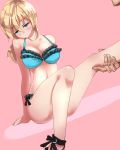  1boy 1girl arm_support bikini blonde_hair blue_bikini blue_eyes blush breasts chris_redfield jill_valentine leg_hold leg_up long_hair nagare out_of_character out_of_frame pink_background resident_evil sitting smile swimsuit 