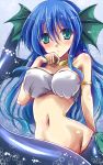  1girl aqua_eyes arm_support blue_eyes blue_hair breasts crop_top finger_to_mouth head_fins long_hair looking_at_viewer madou_monogatari mermaid midriff monster_girl navel off_shoulder puyopuyo seriri_(puyopuyo) solo wavy_hair white_clothes yamu_(reverse_noise) 