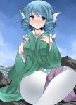  1girl animal_ears blue_eyes blue_hair blush commentary_request hammer_(sunset_beach) head_fins japanese_clothes kimono long_sleeves looking_at_viewer mermaid monster_girl obi sash short_hair solo touhou wakasagihime 
