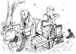  2boys alphonse_elric arakawa_hiromu bag braid brothers cat eating edward_elric food formal fullmetal_alchemist highres jacket multiple_boys necktie newspaper official_art ponytail siblings sitting sketch 