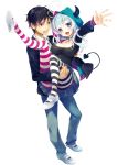  1boy 1girl ahoge black_eyes black_hair blue_eyes blue_hair breasts carrying choker cleavage demon_tail denim fang highres hoodie horns jeans key large_breasts long_hair namanie official_art pants princess_carry psycome shoes skirt smile standing striped striped_legwear tail 