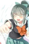  1girl blurry bow closed_eyes commentary_request depth_of_field engiyoshi grey_hair hair_bow hair_ornament hair_ribbon kantai_collection open_mouth pleated_skirt ponytail punching ribbon school_uniform serafuku skirt solo tagme yuubari_(kantai_collection) 