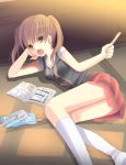  1girl arm_support brown_eyes brown_hair casual clannad holding kanako key_(company) looking_at_viewer lying mana_(10221125) open_mouth pleated_skirt popsicle popsicle_stick skirt solo tagme tatami tomoyo_after twintails 