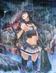  1girl bare_shoulders black_gloves black_hair chrone dark_sky elbow_gloves electricity fingerless_gloves gloves headgear highres kantai_collection lightning long_hair looking_up machinery midriff nagato_(kantai_collection) open_mouth pleated_skirt rain red_eyes skirt solo storm thigh-highs torn_clothes torn_gloves torn_skirt white_skirt zettai_ryouiki 