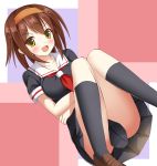  &gt;:d 1girl :d bad_id black_legwear breasts brown_eyes brown_hair crossed_arms hairband kantai_collection looking_at_viewer open_mouth pleated_skirt ro-ichi school_uniform serafuku shiratsuyu_(kantai_collection) shoes short_hair sitting skirt smile solo tagme 