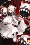  1girl breasts covered_mouth dress highres horns kantai_collection kneeling large_breasts long_hair long_sleeves midway_hime pale_skin red_eyes shinkaisei-kan shirogane_usagi solo turret veins white_dress white_hair 
