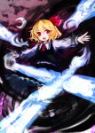  1girl :d blonde_hair blouse clouds cloudy_sky crescent_moon darkness frilled_skirt frills hair_ribbon magic moniringo moon night open_mouth red_eyes ribbon rumia short_hair skirt sky smile touhou vest 
