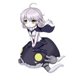  1girl :o ahoge bodysuit cape chibi headwear_removed kantai_collection mizya no_headwear shinkaisei-kan short_hair short_hair_with_long_locks silver_hair sitting solo v_arms wariza white_background wo-class_aircraft_carrier yellow_eyes 