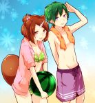  1boy 1girl animal_ears bikini blue_eyes brown_eyes brown_hair flower food fruit glasses green_hair hair_flower hair_ornament hairclip heterochromia jacket_over_swimsuit open_mouth original raccoon_ears raccoon_tail short_hair swimsuit tail towel towel_around_neck umino_(anesthesia) violet_eyes watermelon 