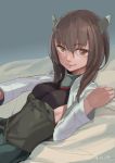  1girl brown_eyes brown_hair corset kantai_collection looking_at_viewer lying on_back short_hair small_breasts smile solo taihou_(kantai_collection) toro 