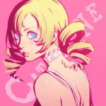  1girl bare_shoulders blonde_hair blue_eyes catherine catherine_(game) character_name collar copyright_name drill_hair flat_color ilya_kuvshinov lips long_hair looking_at_viewer looking_back pink_background simple_background solo twin_drills 