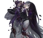  1girl akemi_homura black_hair blood flower injury letterboxed long_hair looking_at_viewer magical_girl mahou_shoujo_madoka_magica simple_background solo violet_eyes white_background wttwj 