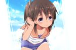  1girl bare_shoulders blush brown_eyes brown_hair fujisaki_hikari i-401_(kantai_collection) kantai_collection leaning_forward looking_at_viewer one-piece_swimsuit ponytail sailor_collar school_swimsuit school_uniform short_hair short_ponytail smile solo swimsuit swimsuit_under_clothes tan wet 
