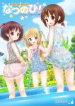  3girls blonde_hair blue_eyes brown_eyes brown_hair dress dress_lift hose kisaragi_miyu long_hair looking_back multiple_girls original overalls short_hair short_twintails shorts side_ponytail skirt skirt_lift smile twintails two_side_up wading wading_pool water 