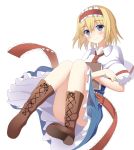  1girl alice_margatroid blonde_hair blue_eyes book boots convenient_leg cross-laced_footwear hairband holding holding_book lolita_hairband looking_at_viewer ro-ichi short_hair simple_background smile solo tagme touhou white_background 