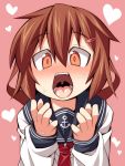  1girl blush brown_eyes brown_hair hair_between_eyes hair_ornament hairclip ikazuchi_(kantai_collection) kantai_collection looking_at_viewer nose_blush open_mouth pov pov_eye_contact school_uniform serafuku short_hair solo tongue ushi uvula 